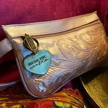 Hand tooled leather fanny pack from Chicana leather luxury designer in dusty rose or metallic powder pink