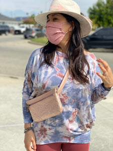 Hand tooled leather fanny pack from Chicana leather luxury designer in dusty rose or metallic powder pink